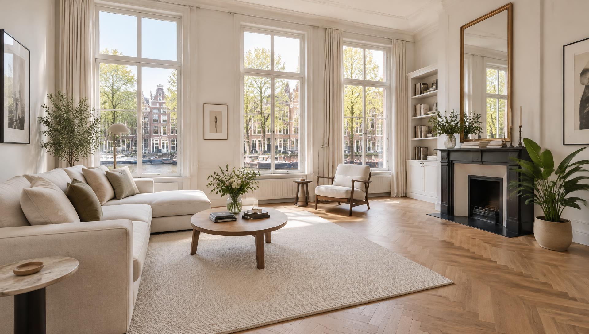 Lichte woonkamer in een Amsterdams grachtenpand